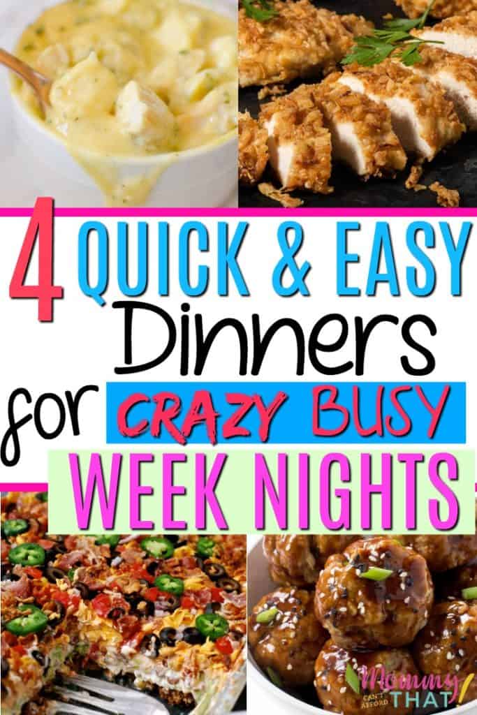 4 quick and easy dinners for busy weeknights. These awesome 15 minute, little to no prep meals are perfect for the busy family. Extremely budget friendly!